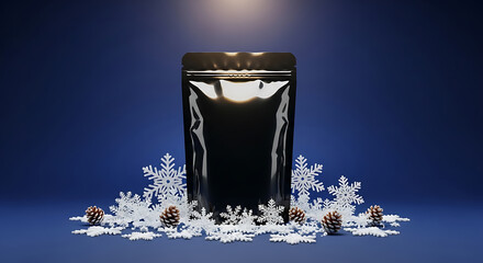 Glossy Black Pouch with Festive Snowflakes and Pinecones on Deep Blue Background.