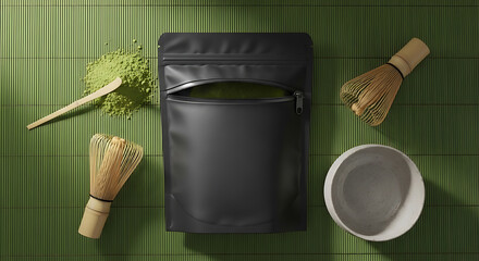 Overhead View of Matcha Tea Ceremony Preparation with Black Pouch and Bamboo Tools on Green Surface.