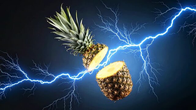 A pineapple sliced in two, highlighted with electric currents that make it more appealing. The image highlights the freshness of the fruit.