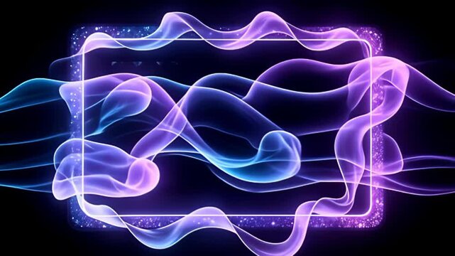 Luminous ribbons of turquoise and violet intertwine ecstatically around a Retro television Border Frame flickering with static, evoking a sense of wonder as they flow smoothly against an