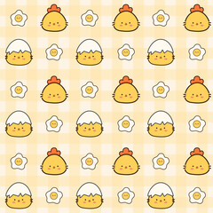 cute baby chicken and egg seamless pattern with yellow gingham background