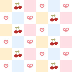 cute love, ribbon and cherry seamless pattern with yellow, pink, and blue background coquette
