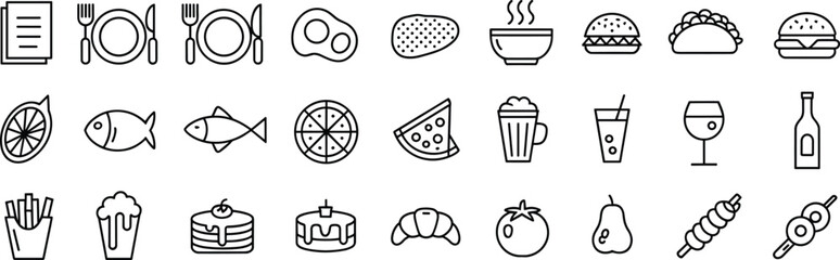Flat vector icons, black and white food drink dining symbols, restaurant menu meal items, beverages desserts snacks cooking illustration set