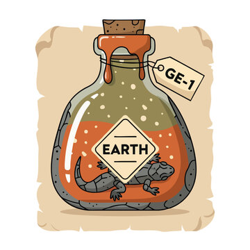 Mysterious Bottle Containing a Lizard-like Creature Labeled EARTH and GE-1.