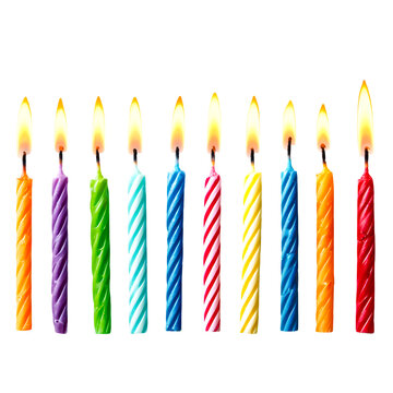 A row of colorful lit birthday candles with twisted wax isolated on transparent background