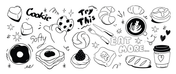 Fototapeta premium Set of cute food and dessert doodle elements vector. Hand drawn doodle collection of cookie, cake, donut, coffee, croissant, bread. Design for print, cartoon, wallpaper, restaurant, cafe, sticker.