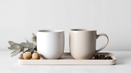 Fototapeta premium Two white ceramic mugs on tray with white backdrop 
