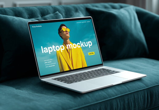 Laptop mockup in home interior on sofa
