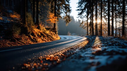 A serene winding road through a forest, illuminated by the warm glow of sunlight, surrounded by autumn foliage and a hint of snow.