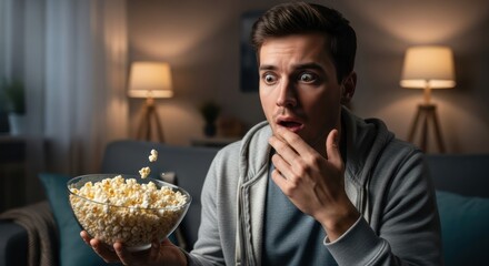 Captivated man watching tv at night holding popcorn bowl with amazed expression indoors