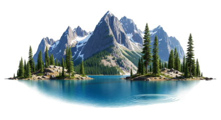 Snow-Capped Mountain Peaks Reflected in Blue Lake with Forested Islands