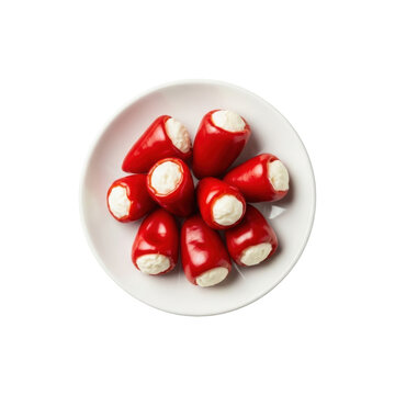 Vibrant red Peppadew peppers stuffed with creamy white cheese on a white plate, soft shadows on transparent, top-down flat lay, appetizing culinary presentation