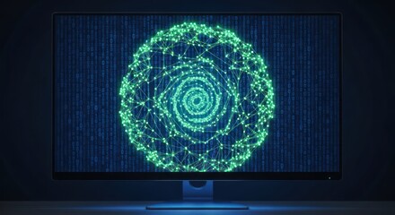Connected Network Sphere on Modern Computer Monitor Displaying Digital Data