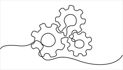 Setting icon continuous one line drawing vector illustration. Gears wheel symbol technology, continuous one line drawing, moving cog gears for business teamwork concept. 