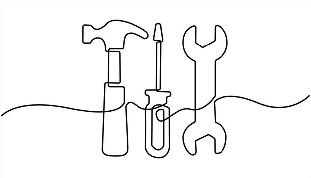 Continuous one line drawing of wrench- engineer equipment. Single continuous line of screwdriver and wrench. Continuous one line drawing of machine gear. Editable stroke. 

