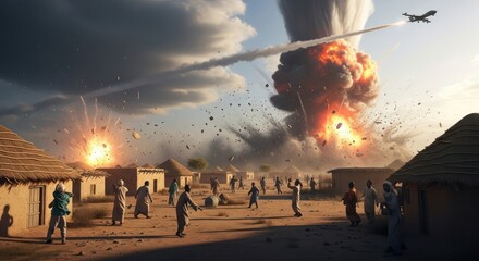 Devastation in the village, aerial assault on civilian populations in rural settings creates chaos
