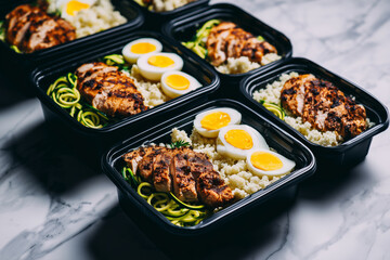 Obraz premium Meal prep containers with grilled chicken, zucchini noodles, cauliflower rice and boiled eggs arranged on a marble countertop. High protein foods.
