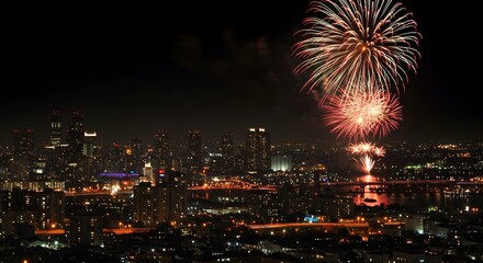 Fireworks exploding above city skyline on New Year’s Eve