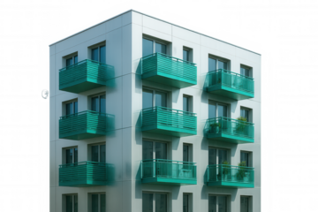 Modern apartment building featuring green balconies, perfect for urban development or architectural visualization projects, isolated on transparent background