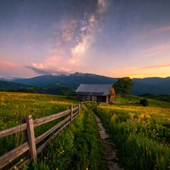 Majestic mountain meadow at twilight with Milky Way