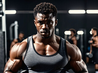 African athlete with detailed facial expression training with dumbbells in gym