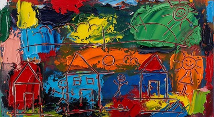 Fototapeta premium Abstract Childlike Painting of Houses, People, and Sun with Bold Brushstrokes