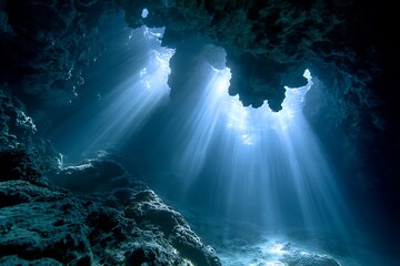 Obraz premium Submerged rock fissure lit by underwater lamps revealing sun rays penetrating shadowy grotto