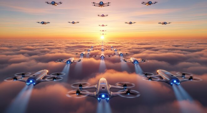 Futuristic aerial fleet formation of autonomous drones flying through a vibrant sunset sky above - Powered by Adobe