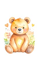 A charming illustration of a cute, seated bear, rendered in soft, watercolor-style hues, surrounded by delicate leaves and hearts.