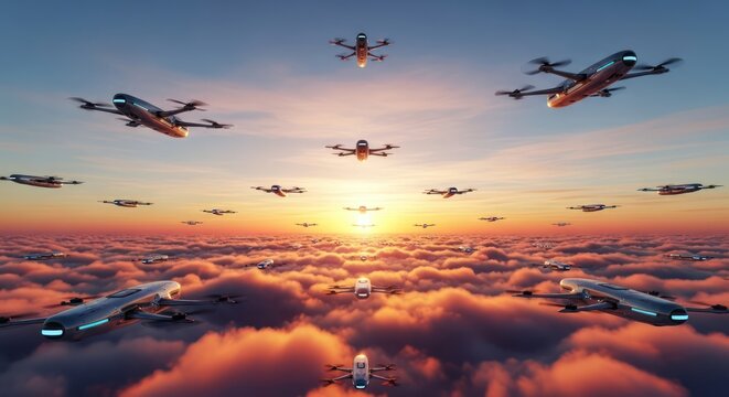 Futuristic drone armada ascends above a sea of clouds at vibrant sunset
