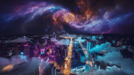 Vibrant cityscape under a cosmic nebula sky