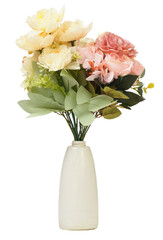 Artificial flower bouquet in a white ceramic vase with pastel peonies, hydrangeas, and green leaves. Elegant arrangement ideal for home decor, floral design isolated on transparent background