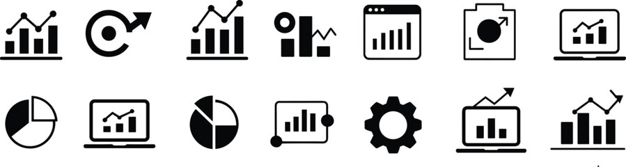 Flat vector, data analytics icons, statistics, charts, graphs, dashboard, report, metrics, performance, analysis, visualization, trends, diagram, business, intelligence, process, gear, line chart,