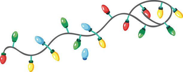 A colorful string of Christmas lights displayed against a plain white background.
