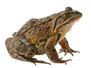 Obraz premium Detailed portrait of a brown American bullfrog posing against a black background showcasing its intricate skin texture and vibrant golden eyes reflecting its natural habitat and amphibian features