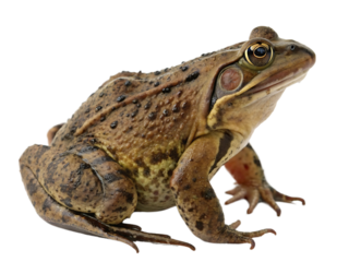 Detailed portrait of a brown American bullfrog posing against a black background showcasing its intricate skin texture and vibrant golden eyes reflecting its natural habitat and amphibian features