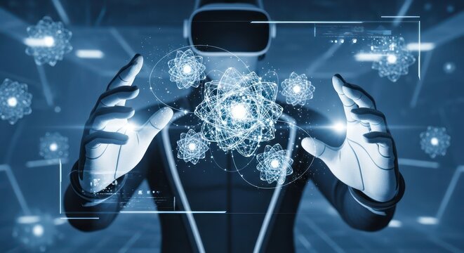 Immersive virtual reality experience with futuristic interface and advanced technology elements