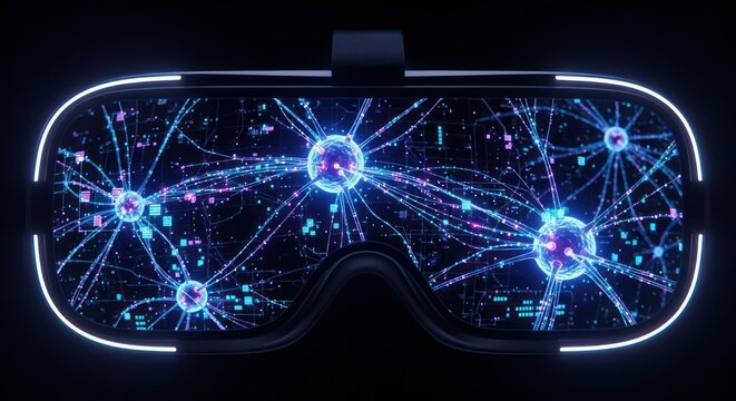 Immersive virtual reality headset displaying a network with glowing connections and nodes