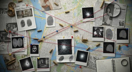 Intricate crime investigation board featuring photographs and forensic evidence arranged on a