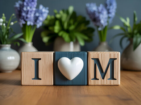 Wooden blocks spell i love you with a heart symbol