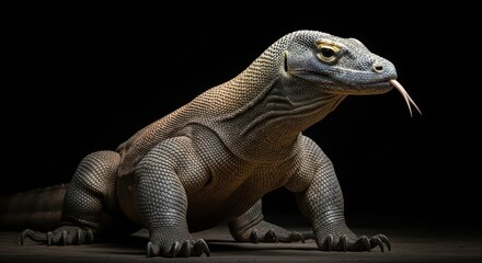 Obraz premium Majestic Komodo Dragon Portrait Captured in Striking Detail with black background