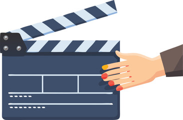 Obraz premium A hand holds a clapperboard next to a film reel, symbolizing the start of a movie production.