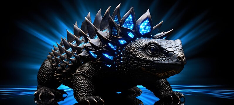 The black background contrasts sharply with the bright blue diamonds light emitted by Ankylosaurus,generative AI