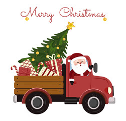 Festive red truck with Santa at the wheel, carrying decorated Christmas tree and colorful gift boxes. Vector design isolated on white background. Suitable for Christmas cards, posters, stickers