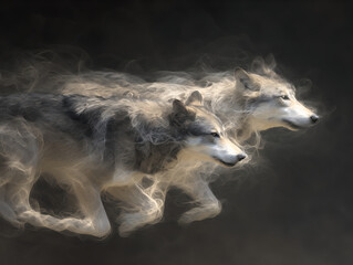 Two wolves running together in a blurred motion effect against a dark background