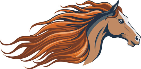 A horse head with flowing mane gallops gracefully, its hair billowing in the wind.