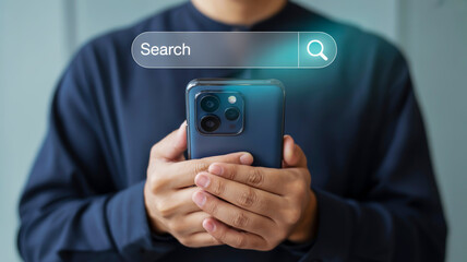 Person holding a smartphone with a glowing search bar and magnifying glass icon mobile phone hands