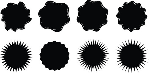 Abstract vector badge shapes, starburst labels, decorative icons, creative design templates, modern seal symbols, stylish editable elements for graphic design