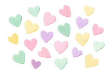 Assorted pastel-colored confetti hearts with textured surface