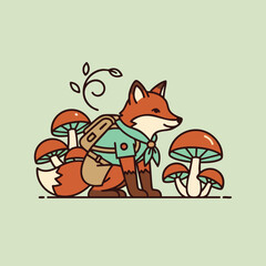 Obraz premium Cute Fox Scout with Backpack and Mushrooms.